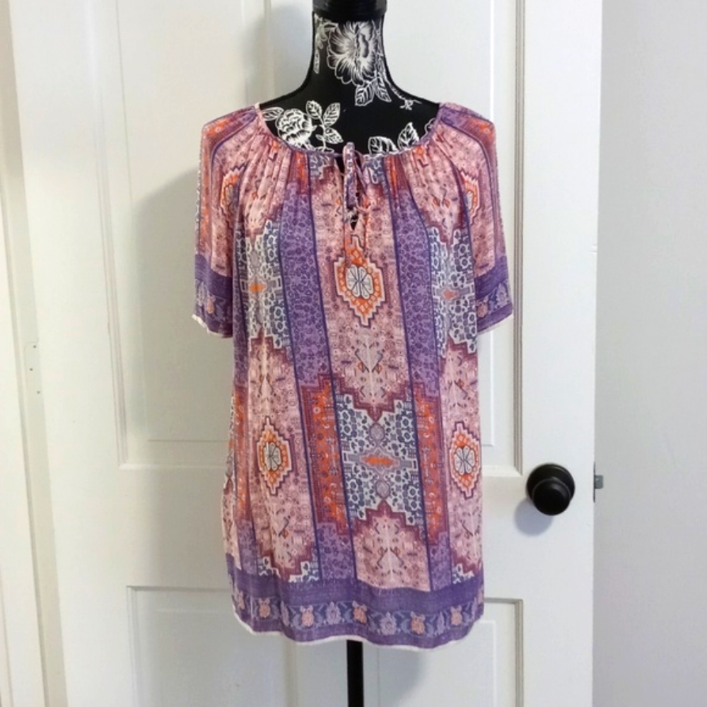 💜Lucky Brand💜 - Purple/Pink Aztec Print Boho S/S Top